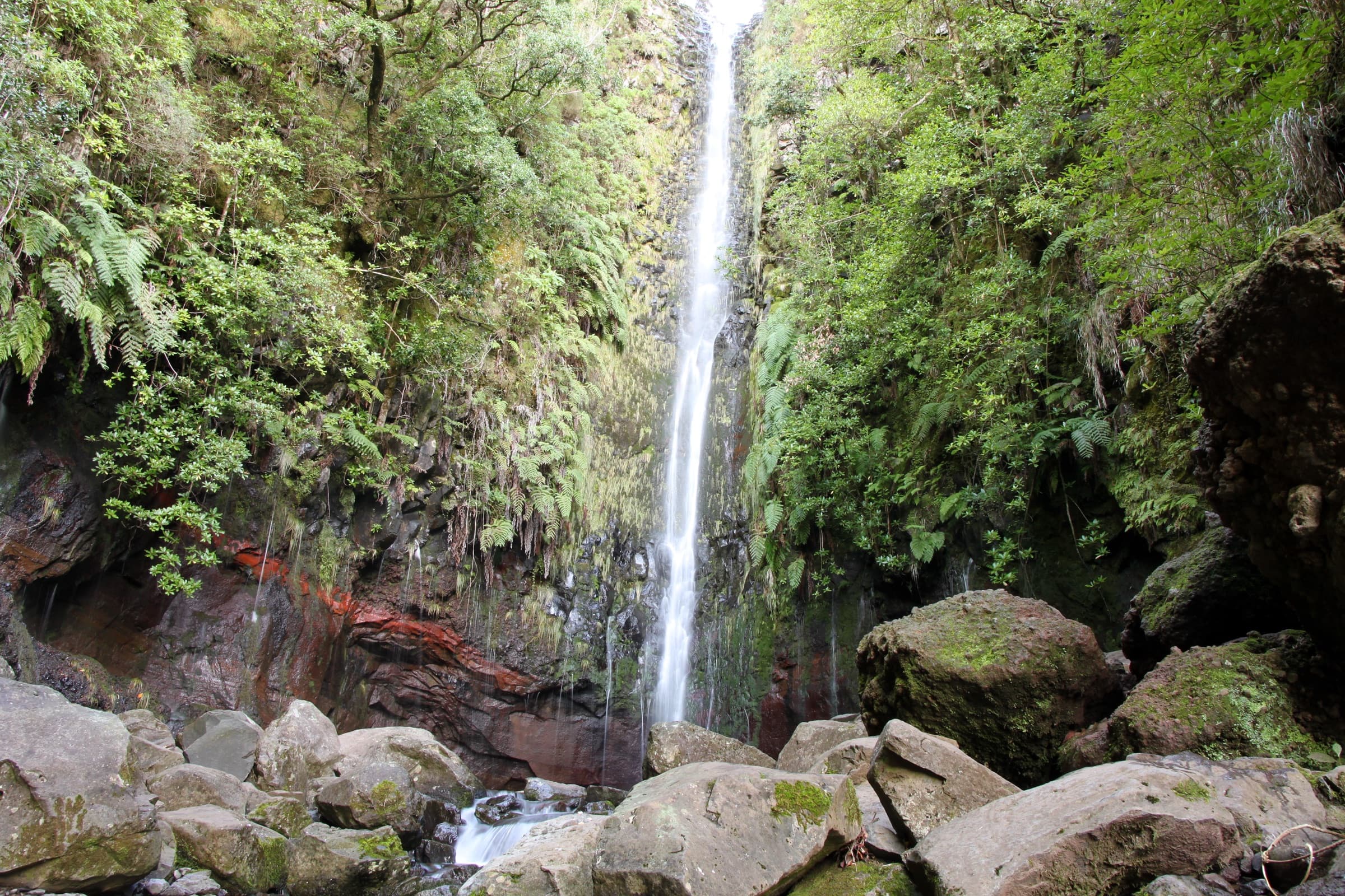 A tall waterfall drops down a fern-covered cliff into a boulder-filled pool on the Rabaçal levada trails.