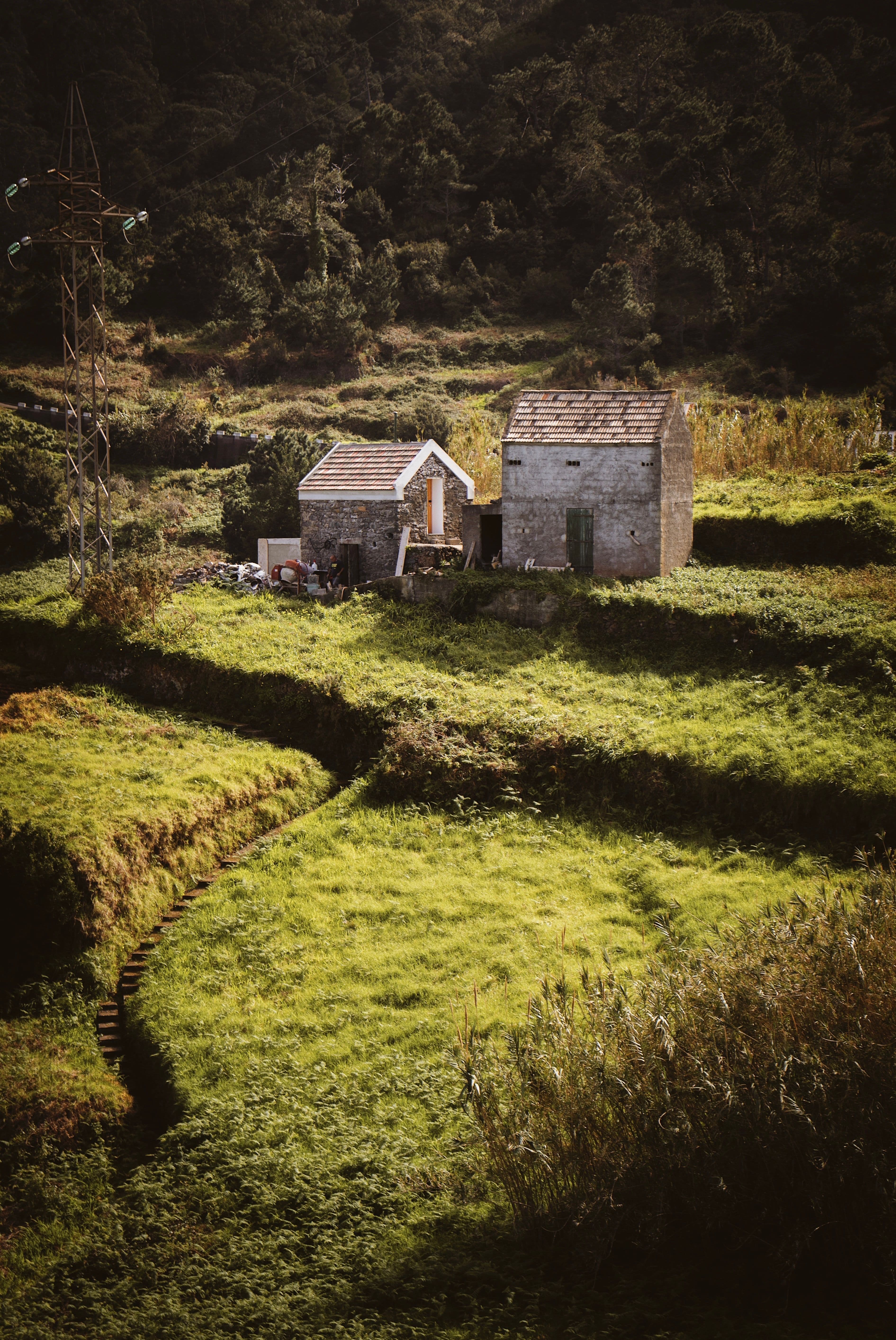 Historic stone houses among green terraced fields in rural Madeira.