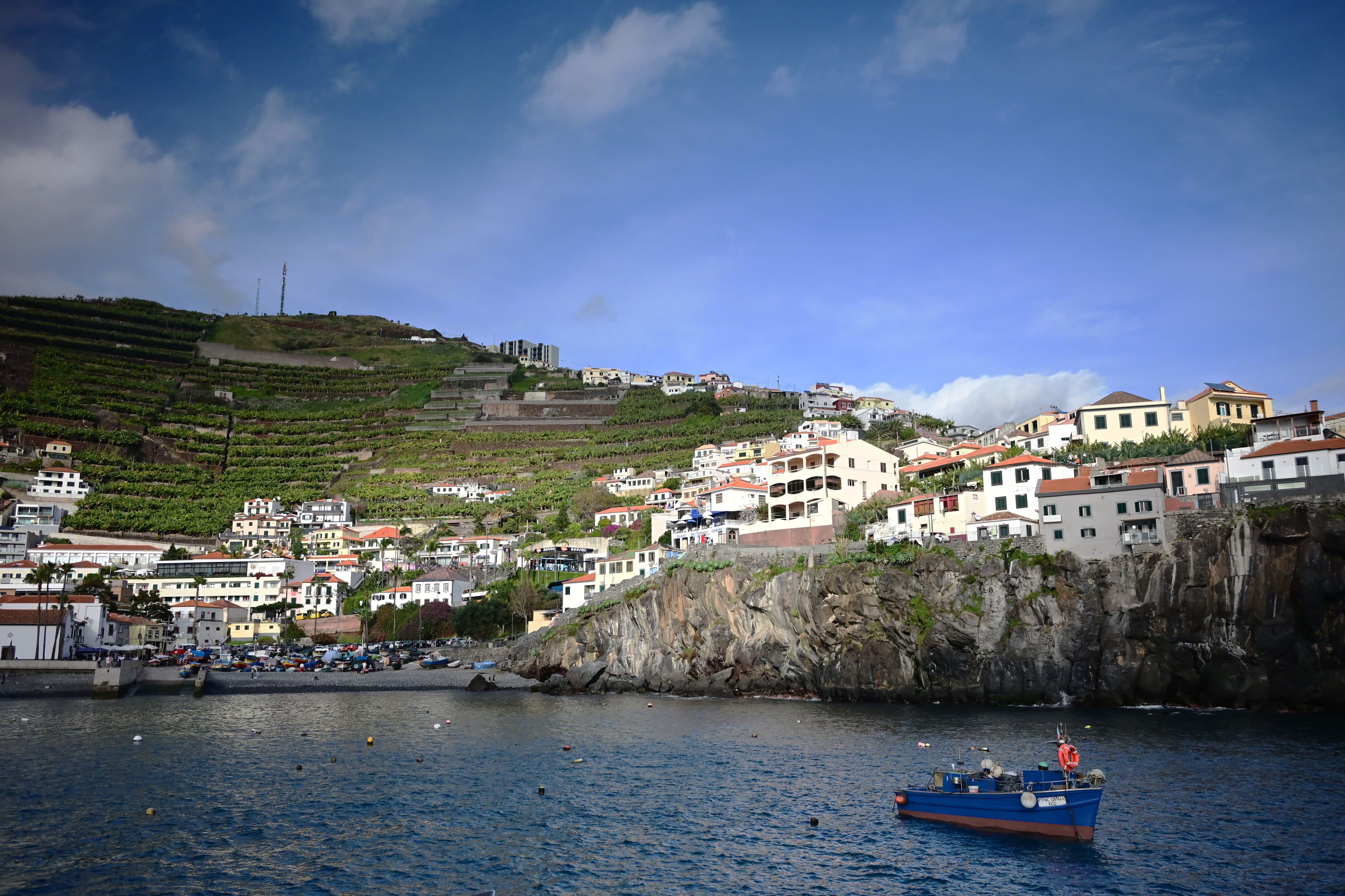 White houses and terraced vineyards cling to a sea cliff above a small harbour on Madeira’s south coast.