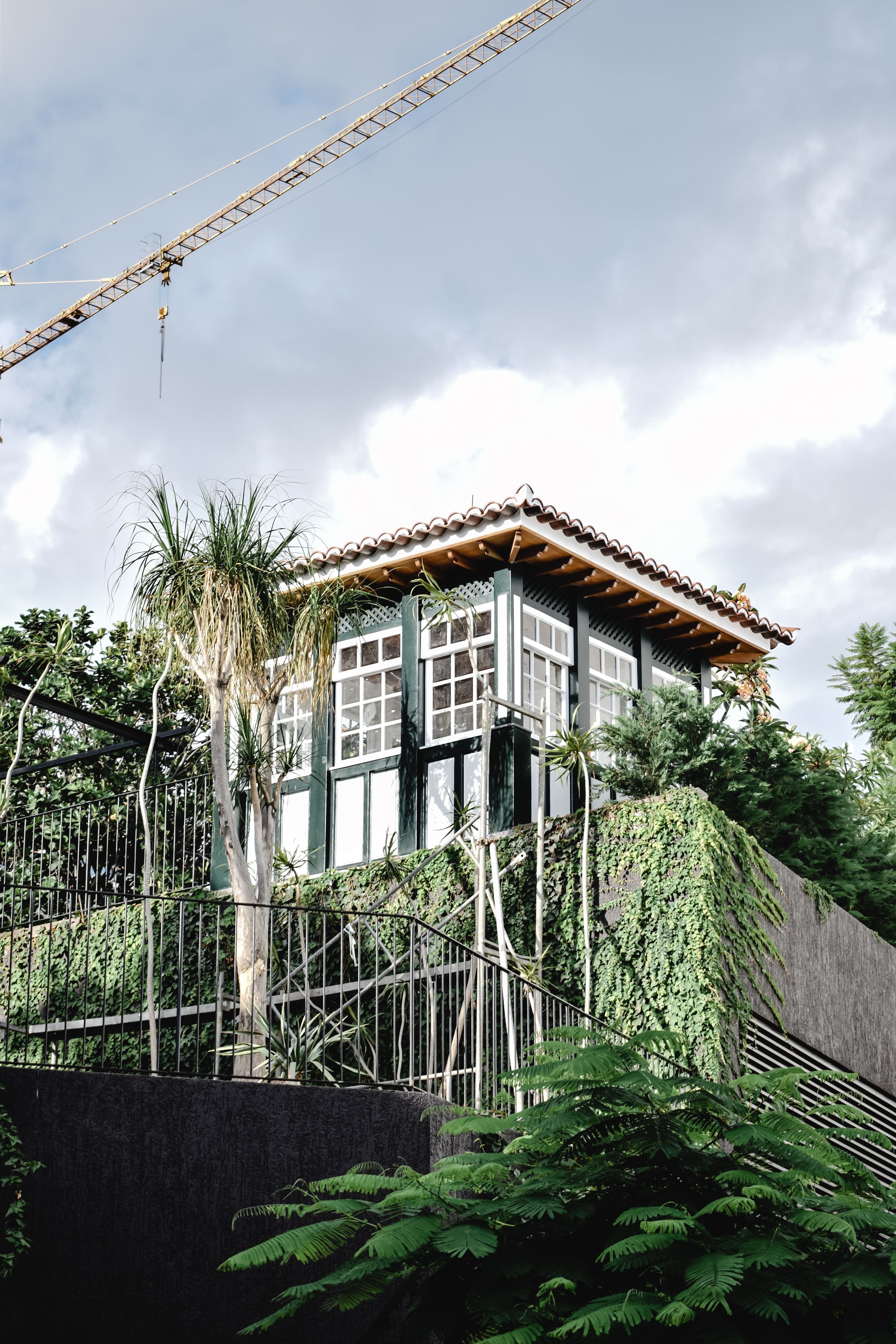 Hilltop cottage in Funchal surrounded by greenery with a construction crane overhead.